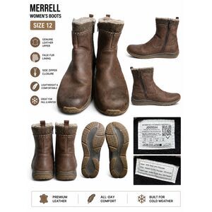 Merrell Women's Boots Size 12 J005594 Brown Zip Winter Faux Fur Lined Comfort